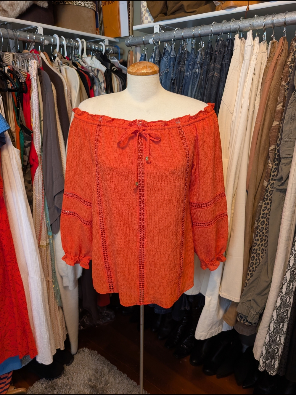 Michael Kors Bright Orange Off-Shoulder Peasant Blouse with Tie